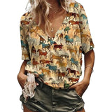 Western Cowgirl Graphic T-Shirt featuring a colorful horse pattern on a V-neck design for women.