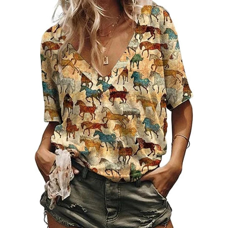 Western Cowgirl Graphic T-Shirt featuring a colorful horse pattern on a V-neck design for women.
