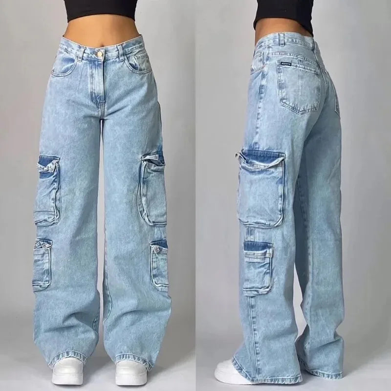 Y2K Multi-Pocket Washed Wide Leg Jeans for Women