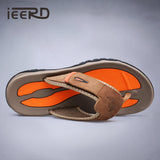 Men Cow Leather Beach Flip Flops Sandals