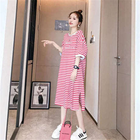 Striped T-Shirt Maternity Dress in red and white, boat neck, loose fit, perfect for summer wear.