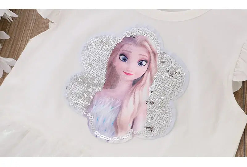 Girls summer dress featuring a sequin floral design with a Disney princess character print for ages 4-6.