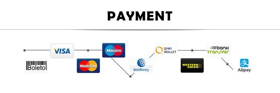 Payment methods flowchart showing Visa, MasterCard, Qiwi Wallet, Western Union, Alipay, and more.