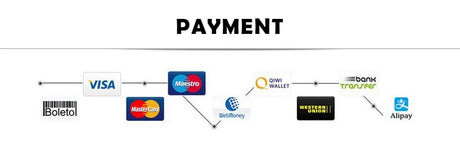 Payment methods flowchart showing Visa, MasterCard, Qiwi Wallet, Western Union, Alipay, and more.