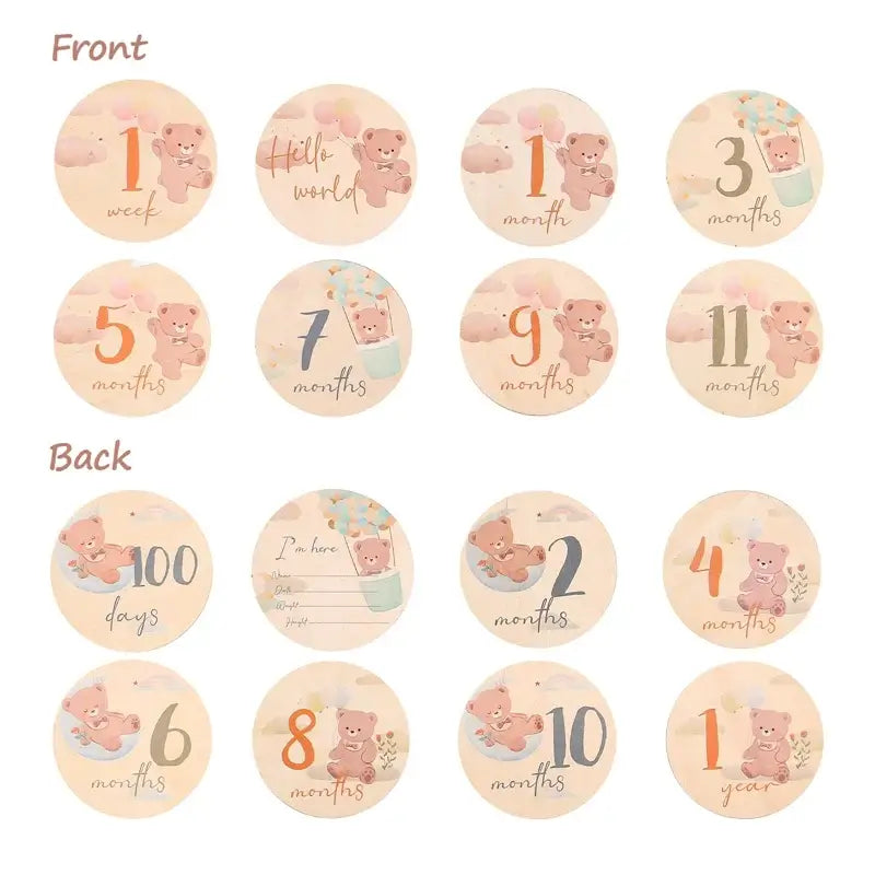 Baby milestone cards featuring cute bear designs for tracking newborn growth from 1 week to 1 year.