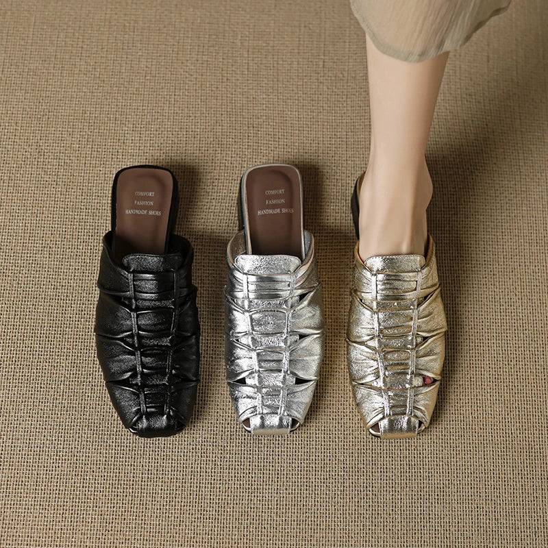 Women Mules Leather Block Heel Sandals