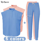 Elastic medical scrub set in blue and pink, available in 5 colors, ideal for healthcare professionals and spa use.