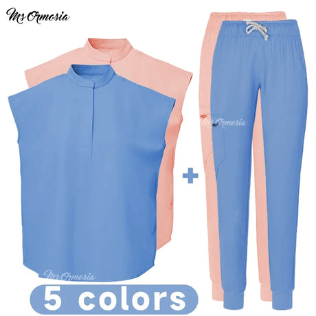 Elastic medical scrub set in blue and pink, available in 5 colors, ideal for healthcare professionals and spa use.