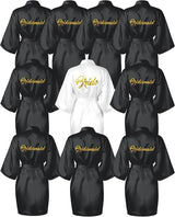 10-piece satin bride and bridesmaid kimono robe set in black and white, perfect for weddings and bridal showers.
