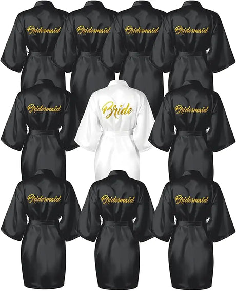 10-piece satin bride and bridesmaid kimono robe set in black and white, perfect for weddings and bridal showers.