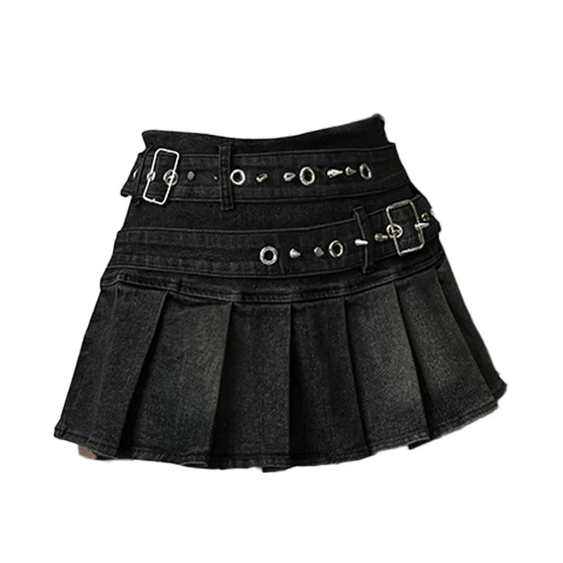 StreetBelt™ – Riveted Mini Skirt (Blue Black High Street Y2K)