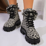 Women Leopard Print Ankle Boots – Winter High Heel Platform Shoes