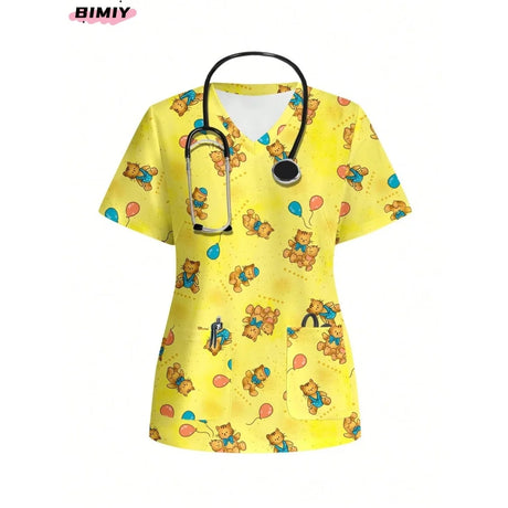 Colorful yellow nursing scrub top with cartoon bears and balloons, featuring a V-neck and pockets for women's medical uniform.