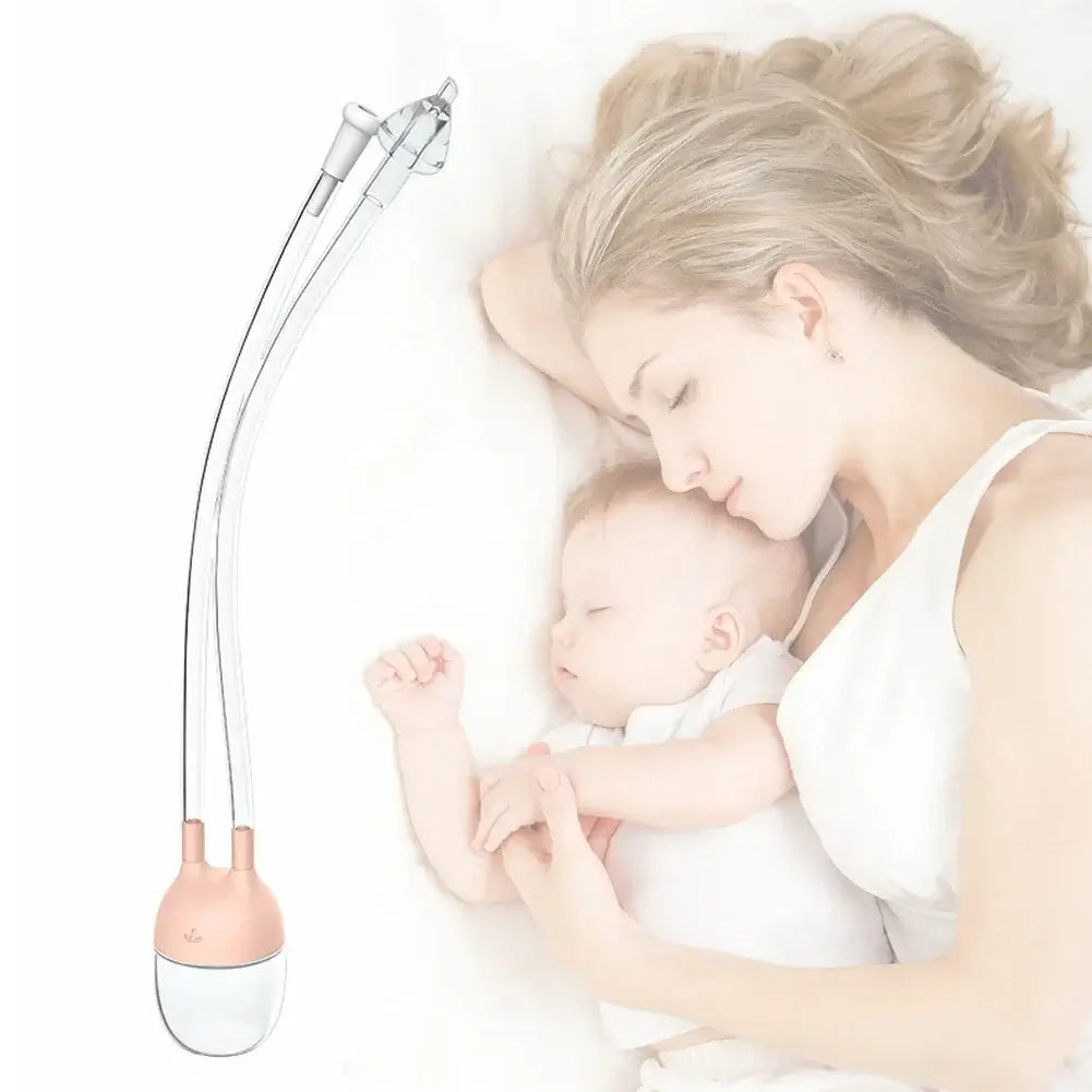 Baby nose cleaner tool next to a mother and sleeping infant, designed for safe nasal suction.