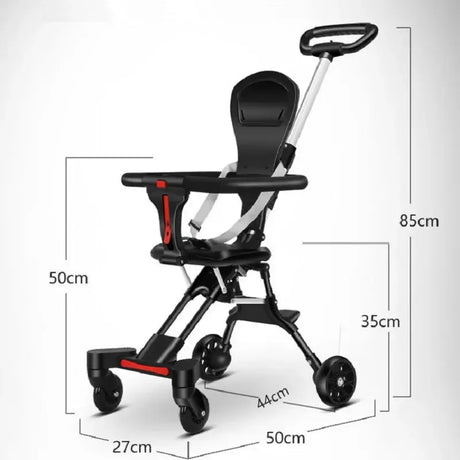 Light foldable baby stroller with adjustable seat and compact design, dimensions labeled for easy reference.