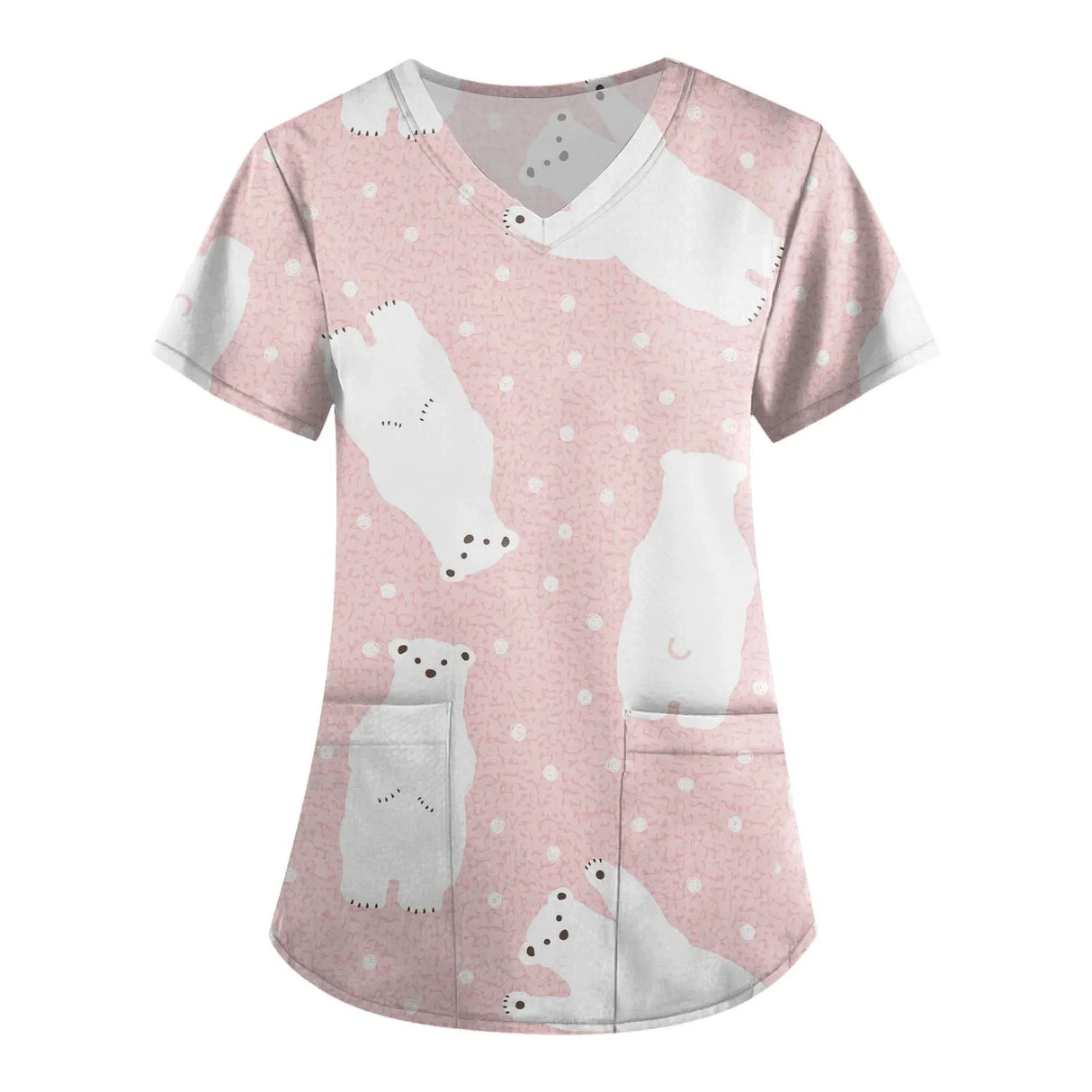 Cute pink polar bear print scrubs for women, perfect for veterinary nurses and medical professionals.