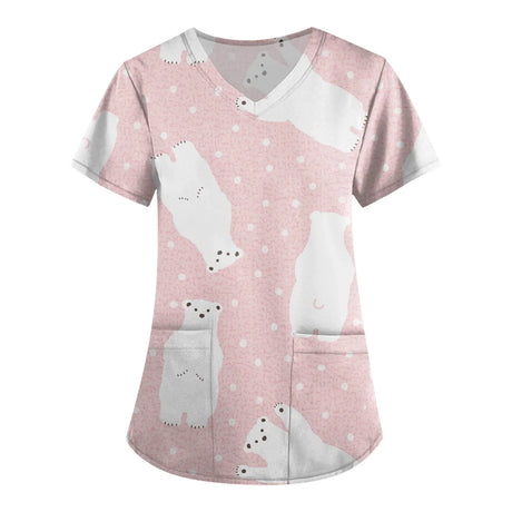 Cute pink polar bear print scrubs for women, perfect for veterinary nurses and medical professionals.