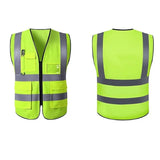 Unisex breathable safety vest in vibrant yellow with reflective stripes and multiple pockets for utility and safety.