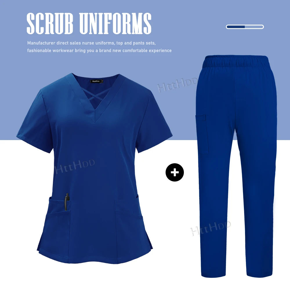 Nurse dental scrubs set in blue, featuring a top with pockets and matching pants for women and men.