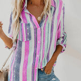 Women Striped Lapel Button Cardigan Shirt