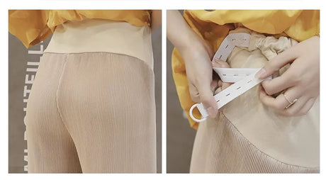 Breathable adjustable waist maternity pants with pleated design, showcasing summer wide-leg style in natural color.