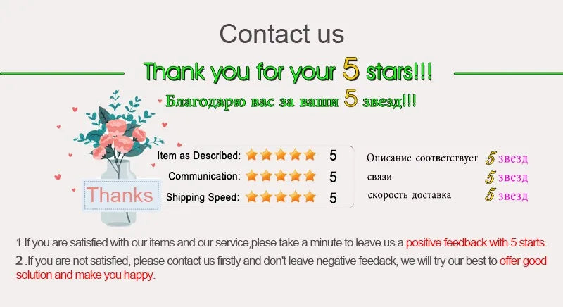 Customer feedback thank you message with flower vase, highlighting five-star ratings for service satisfaction.