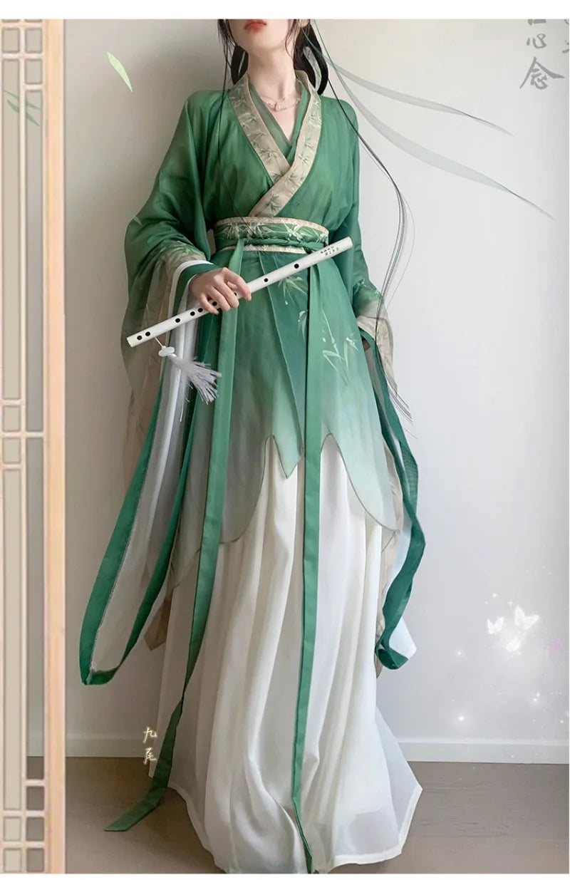 Bamboo Green Hanfu Dress featuring flowing sleeves and intricate details, perfect for spring and autumn parties.