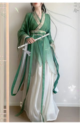 Bamboo Green Hanfu Dress featuring flowing sleeves and intricate details, perfect for spring and autumn parties.