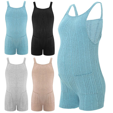 Sleeveless ribbed maternity jumpsuit in various colors, perfect for casual summer wear. Loose fit for comfort.