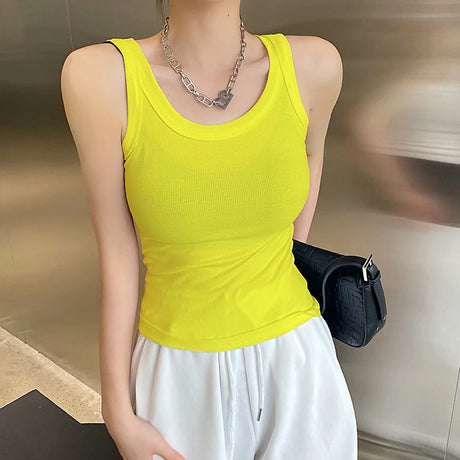 RetroRib™ 90s vintage sleeveless ribbed tank top in vibrant yellow, perfect for streetwear style.