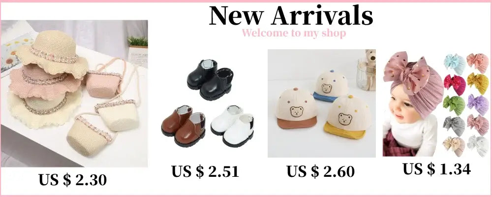 New arrivals including hats, shoes, and headbands for babies, showcasing trendy infant fashion items.