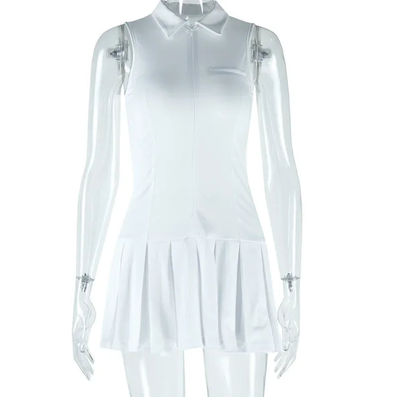 Women’s White Lapel Pleated Dress