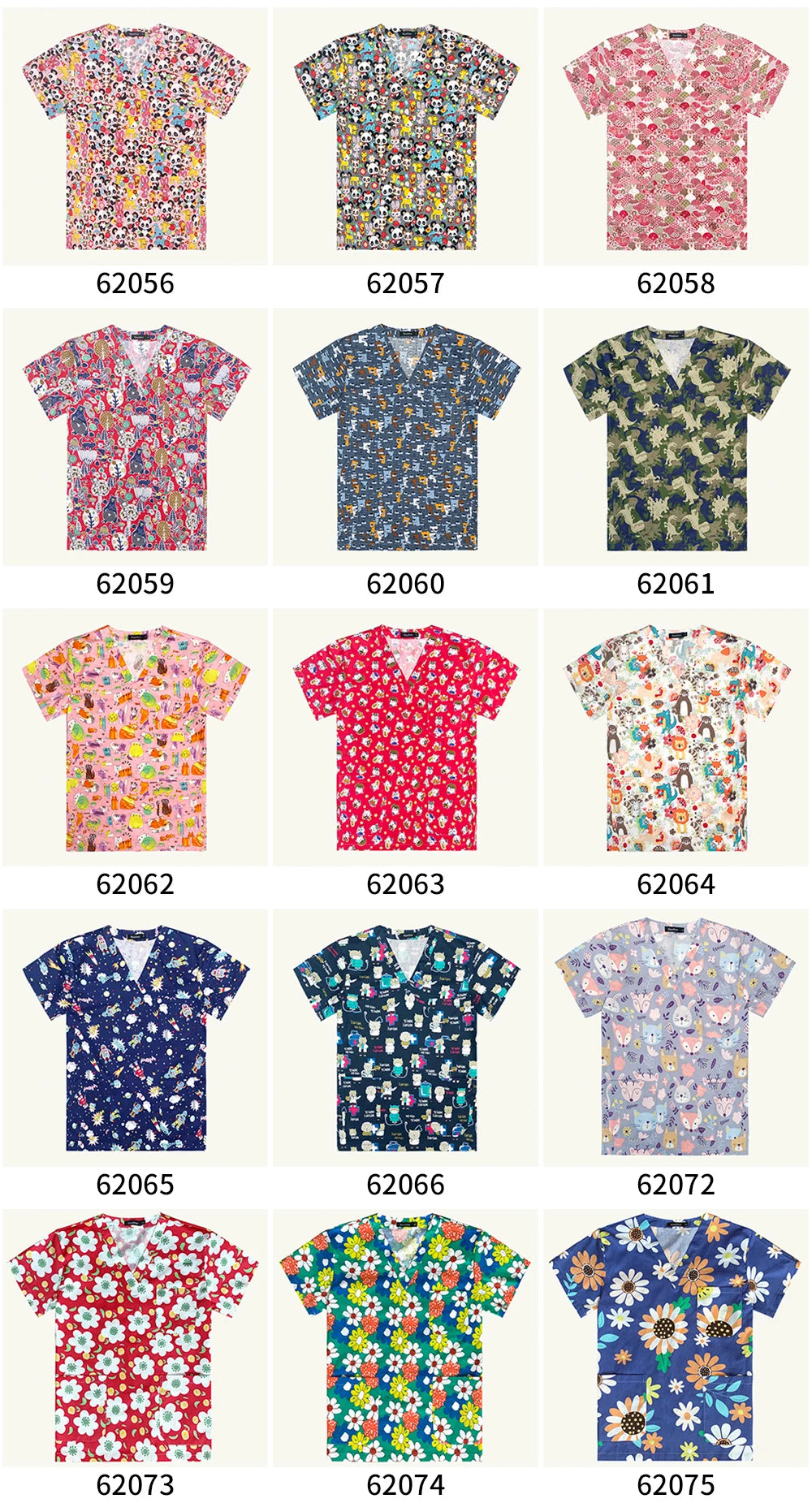 Variety of women’s hospital nurse scrubs in floral and colorful patterns, showcasing breathability and style.