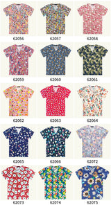 Variety of women’s hospital nurse scrubs in floral and colorful patterns, showcasing breathability and style.