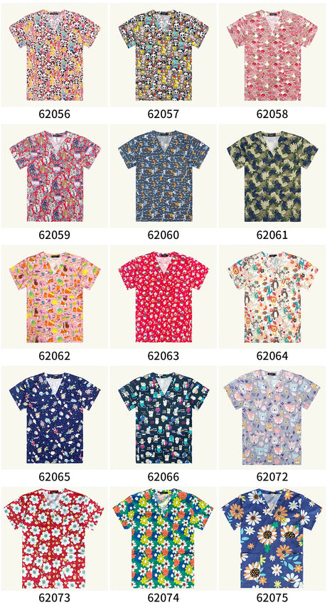 Variety of women’s hospital nurse scrubs in floral and colorful patterns, showcasing breathability and style.