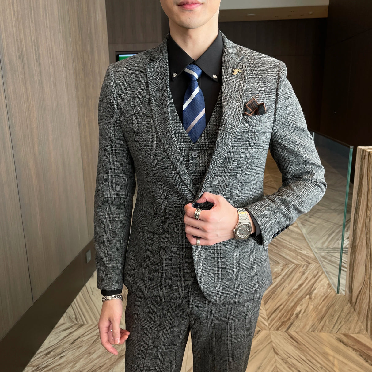 Men Plaid 3-Piece Business Suit