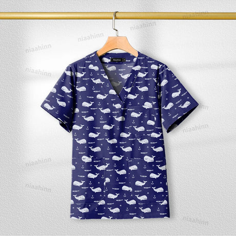 Printed nursing scrub tops for women, short sleeve, v-neck, featuring a whale pattern, breathable cotton fabric.