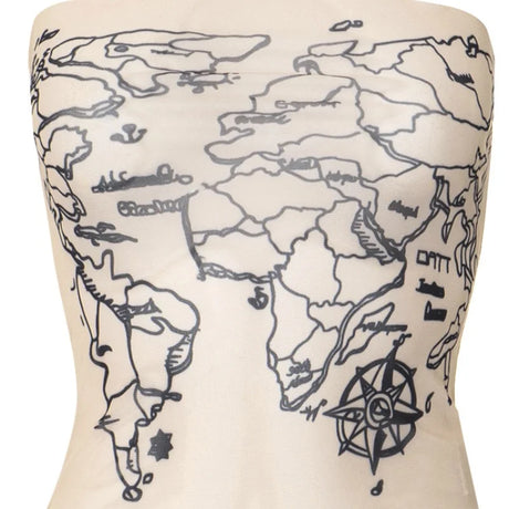 Sleeveless tube crop top featuring a world map print design, perfect for summer fashion.