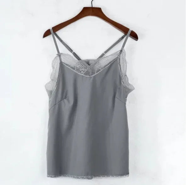 Elegant gray satin camisole with lace details and strappy design, perfect for all-season wear.