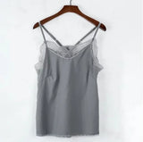 Elegant gray satin camisole with lace details and strappy design, perfect for all-season wear.