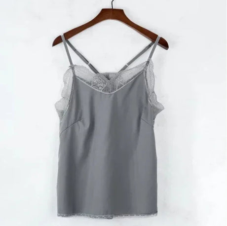 Elegant gray satin camisole with lace details and strappy design, perfect for all-season wear.
