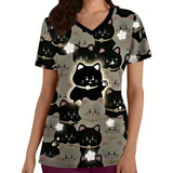 Short sleeve cartoon cat print vet scrubs for women featuring a colorful cat pattern, perfect for nurse uniforms.