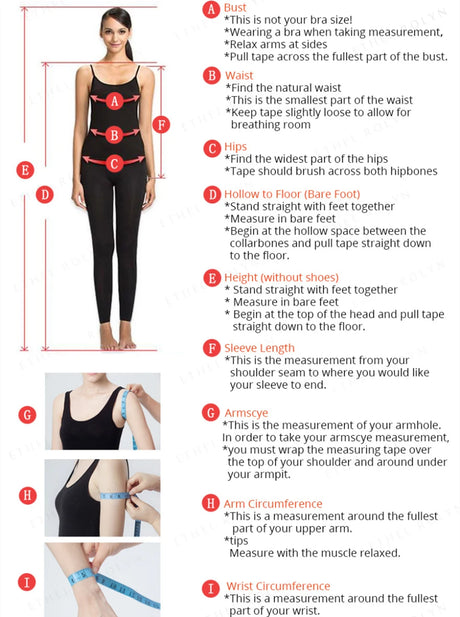 Measurement guide for accurate sizing, showing body measurements for bust, waist, hips, and arm circumference.