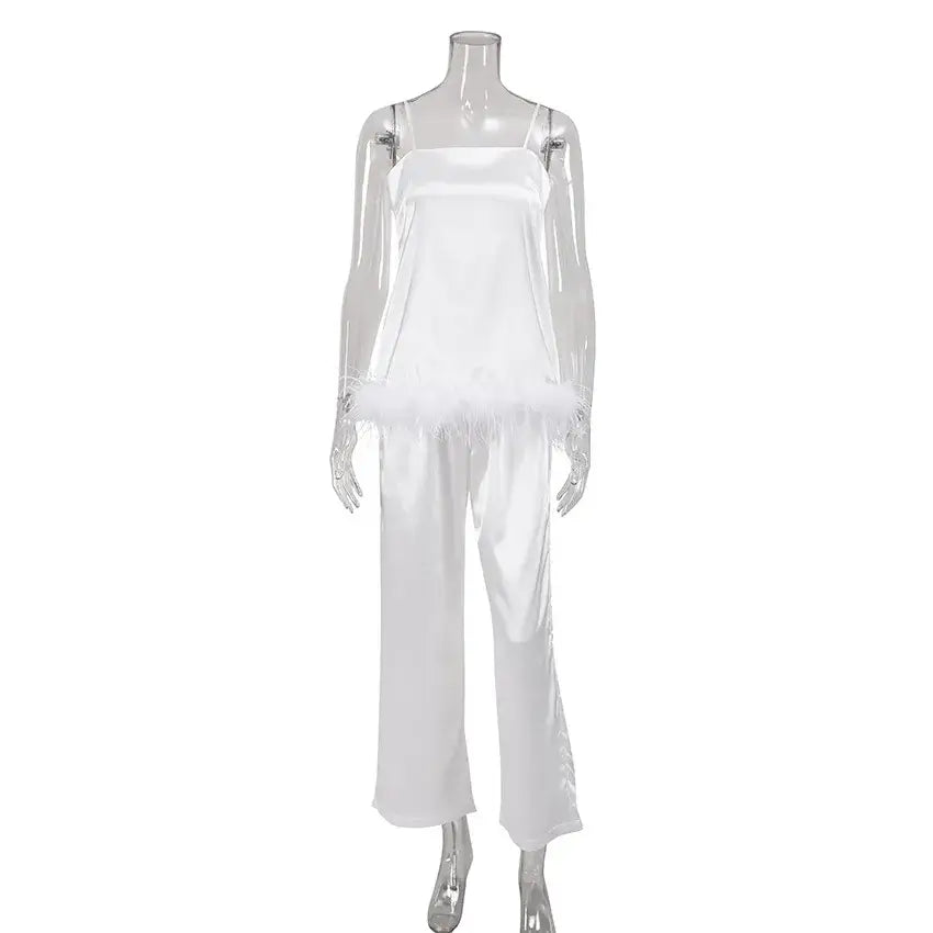 Women Satin Pajama Set with Feather Trim Pants
