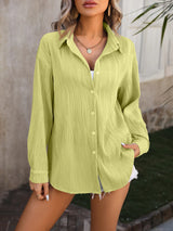 Casual long-sleeve blouse in light green, featuring a turn-down collar and single-breasted closure, perfect for spring/autumn.