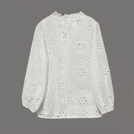 Back view of LaceWhisper™ hollow out white lace shirt with long sleeves, featuring intricate lace patterns.