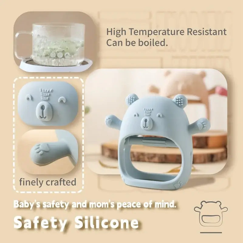 Baby teether gloves made from high temperature resistant silicone, designed for safety and comfort.