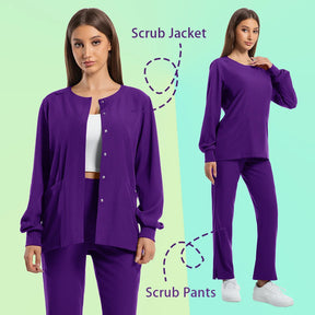 Women wearing a purple dustproof nursing scrubs set with a scrub jacket and pants, perfect for medical uniforms.