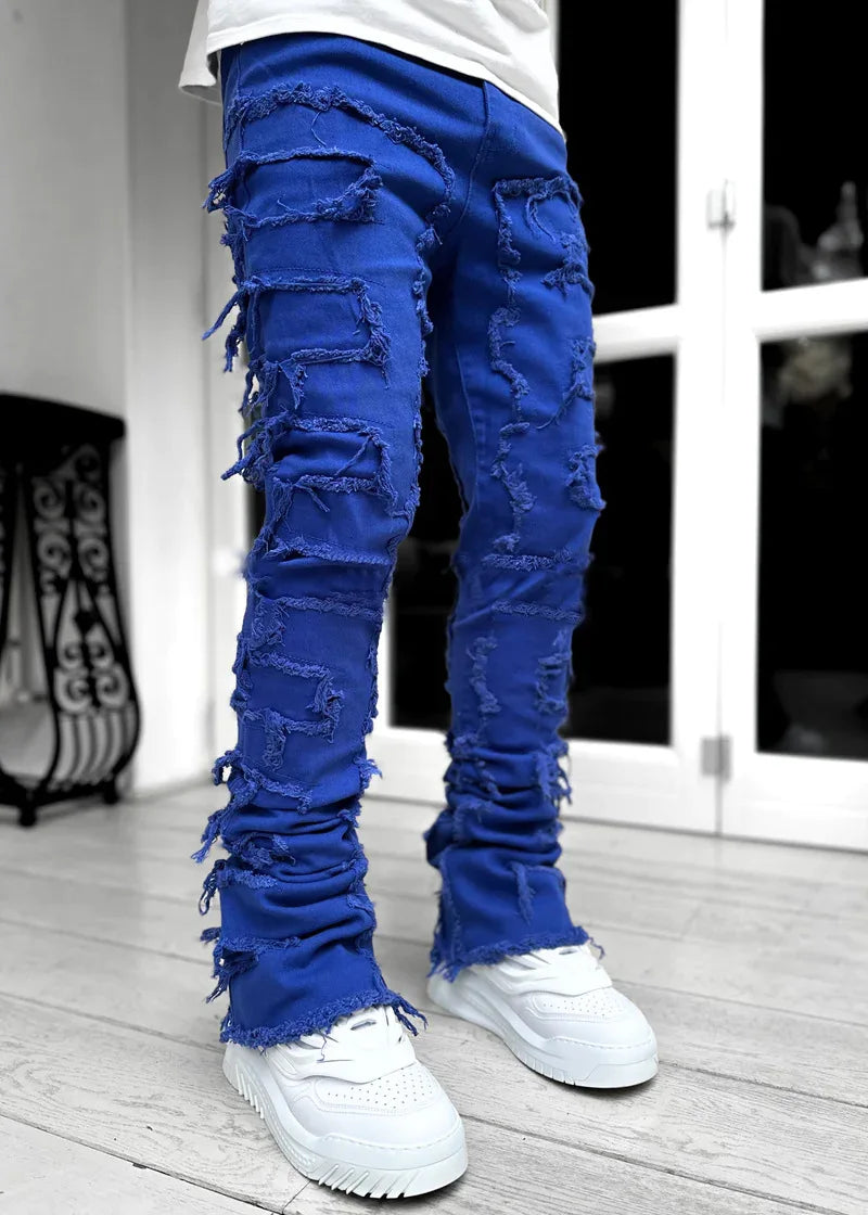 Men Patchwork Stacked Jeans