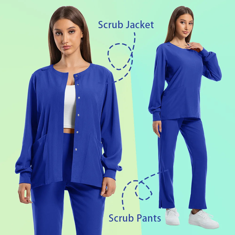 Women in blue dustproof nursing scrubs set showcasing scrub jacket and pants, ideal for medical and healthcare settings.
